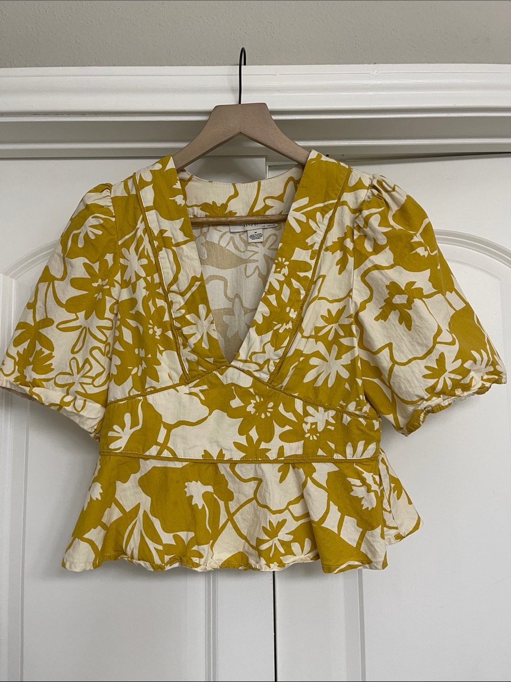 V-Neck Floral Peplum Blouse - Mustard/White
